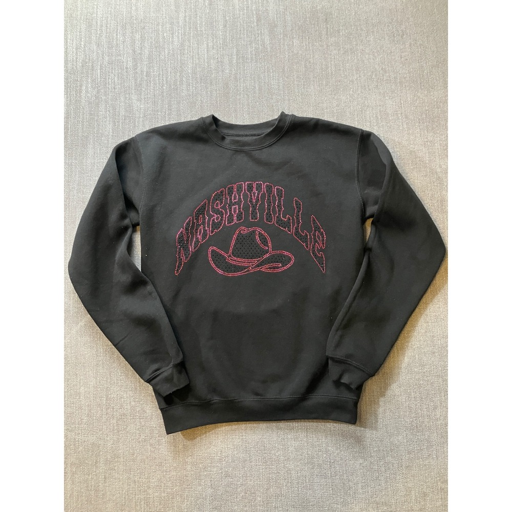 Persaya Nashville Pink Rhinestone Cowboy Hat Sweatshirt‎ Black Crewneck Small